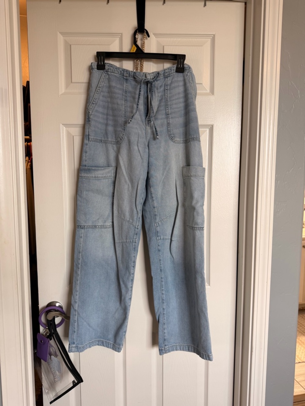 Light Wash Wide Leg Cargo Jeans | Drawstring Waist 👖